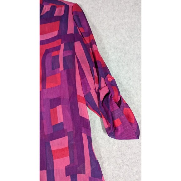 alice + olivia Women Top Size 4 Geo Block Neck Tie Tab Sleeve Semi Sheer Button - Picture 3 of 15